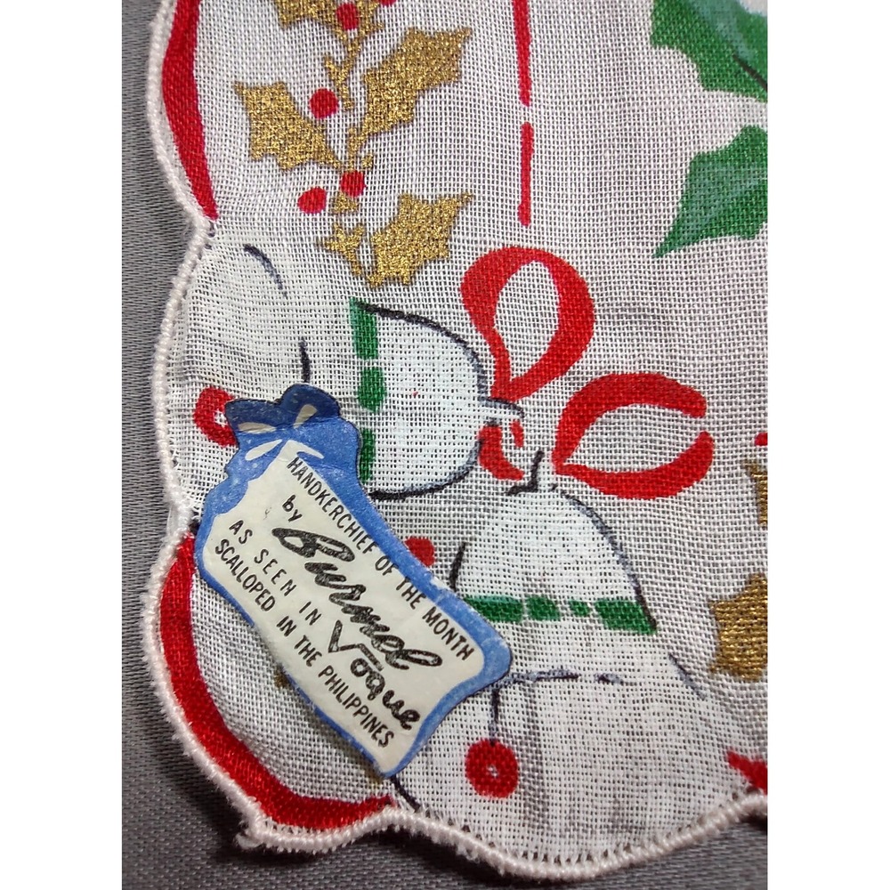 VTG Burmel 14.5 x 14.75 Metallic Gold Holly Bells & Ornaments Hankie Scalloped - Picture 3 of 7